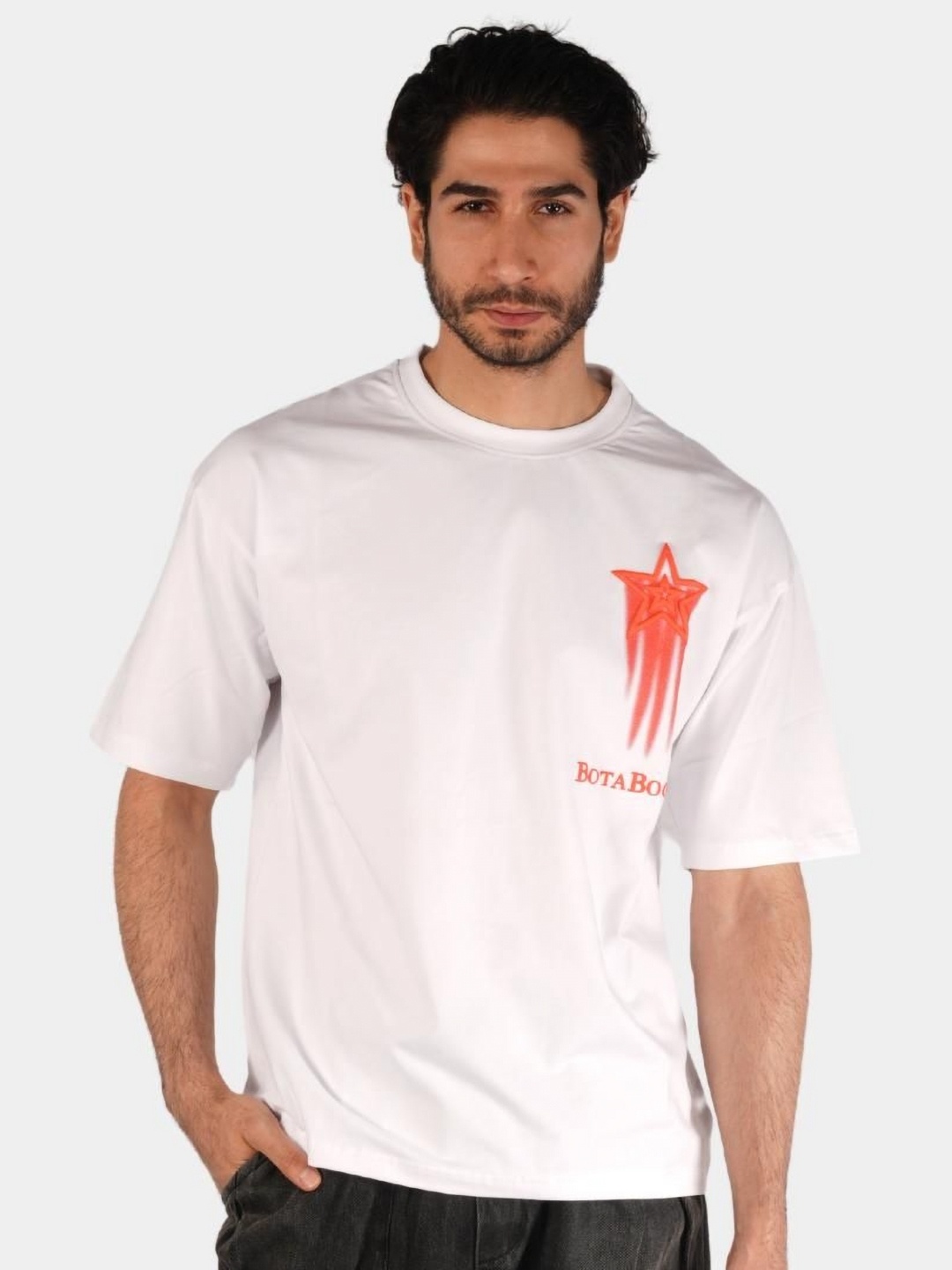 

BOTABOCHI Men Typography Printed Round Neck Cotton Oversized T-shirt, White