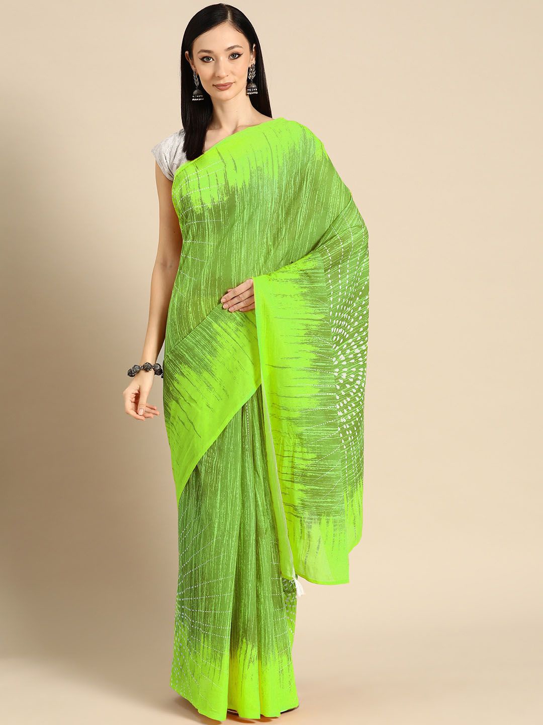 

BUTA BUTI Abstract Printed Pure Cotton Saree, Lime green
