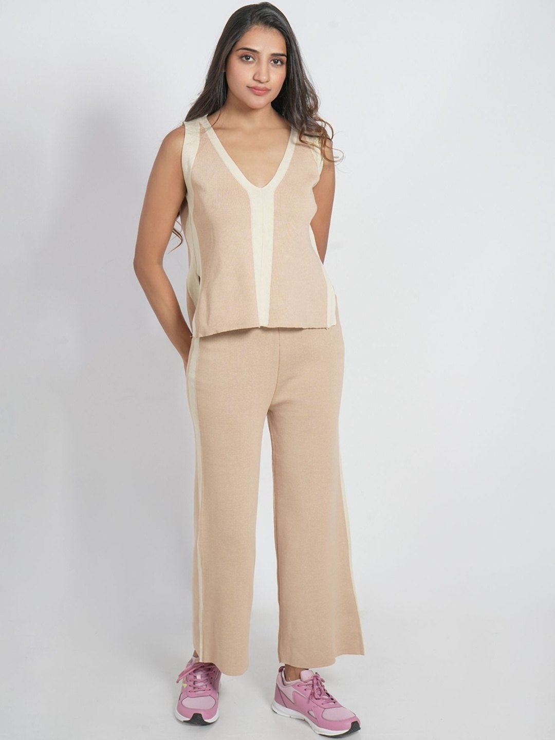 

ANSEE by Addery V-Neck Top With Trousers, Beige