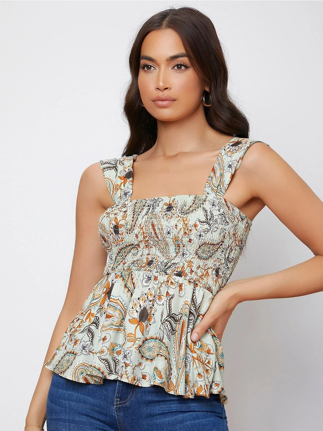 

Stylecast X Slyck Ethnic Motifs Printed Square Neck Top, Green