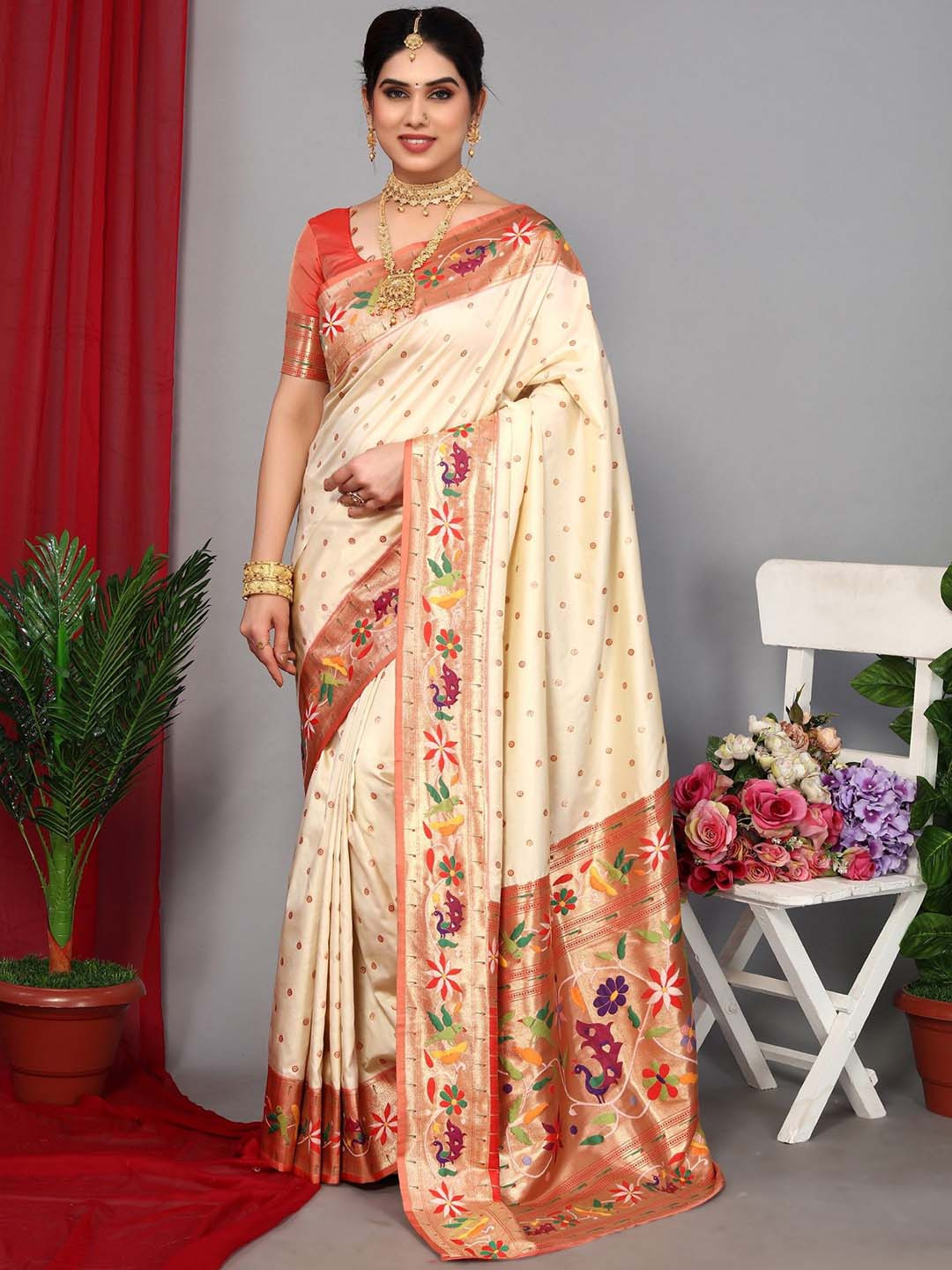 

LeeliPeeri Designer Floral Zari Paithani Saree, Cream