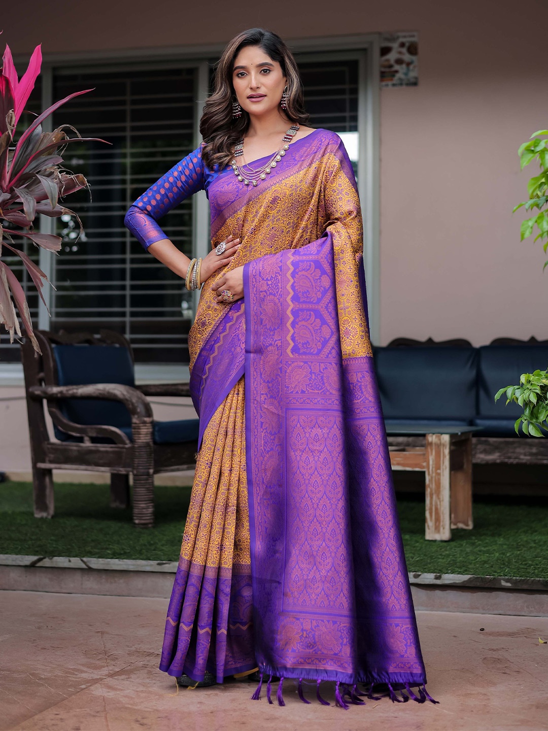 

Mitera Woven Design Zari Kanjeevaram Traditional Saree, Mustard