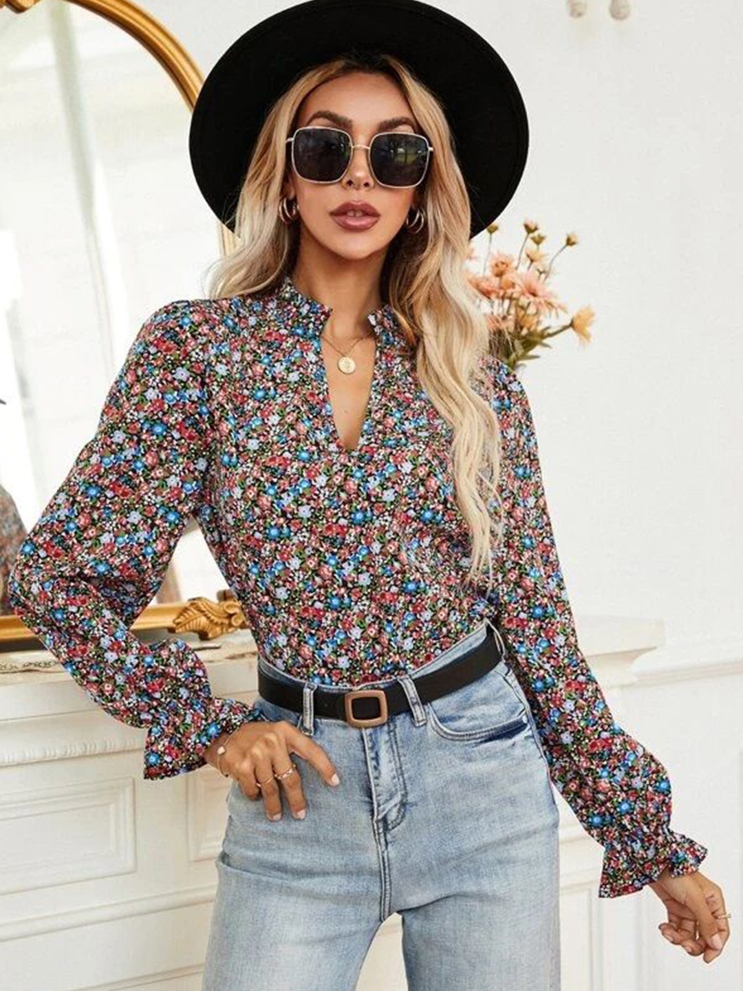 

Stylecast X Slyck Floral Printed Mandarin Collar Top, Maroon