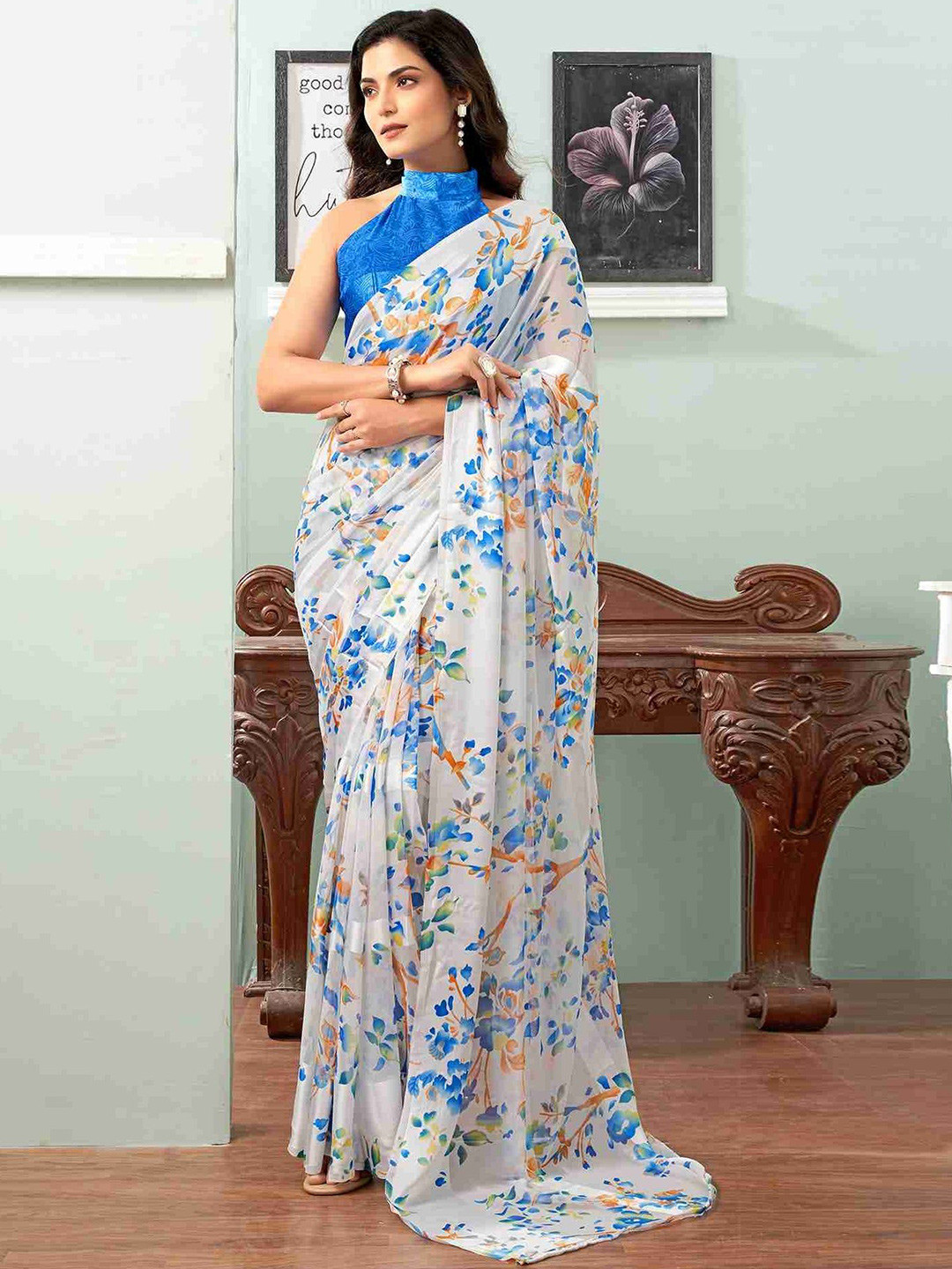 

Sitanjali Floral Printed Maheshwari Saree With Blouse Piece, White