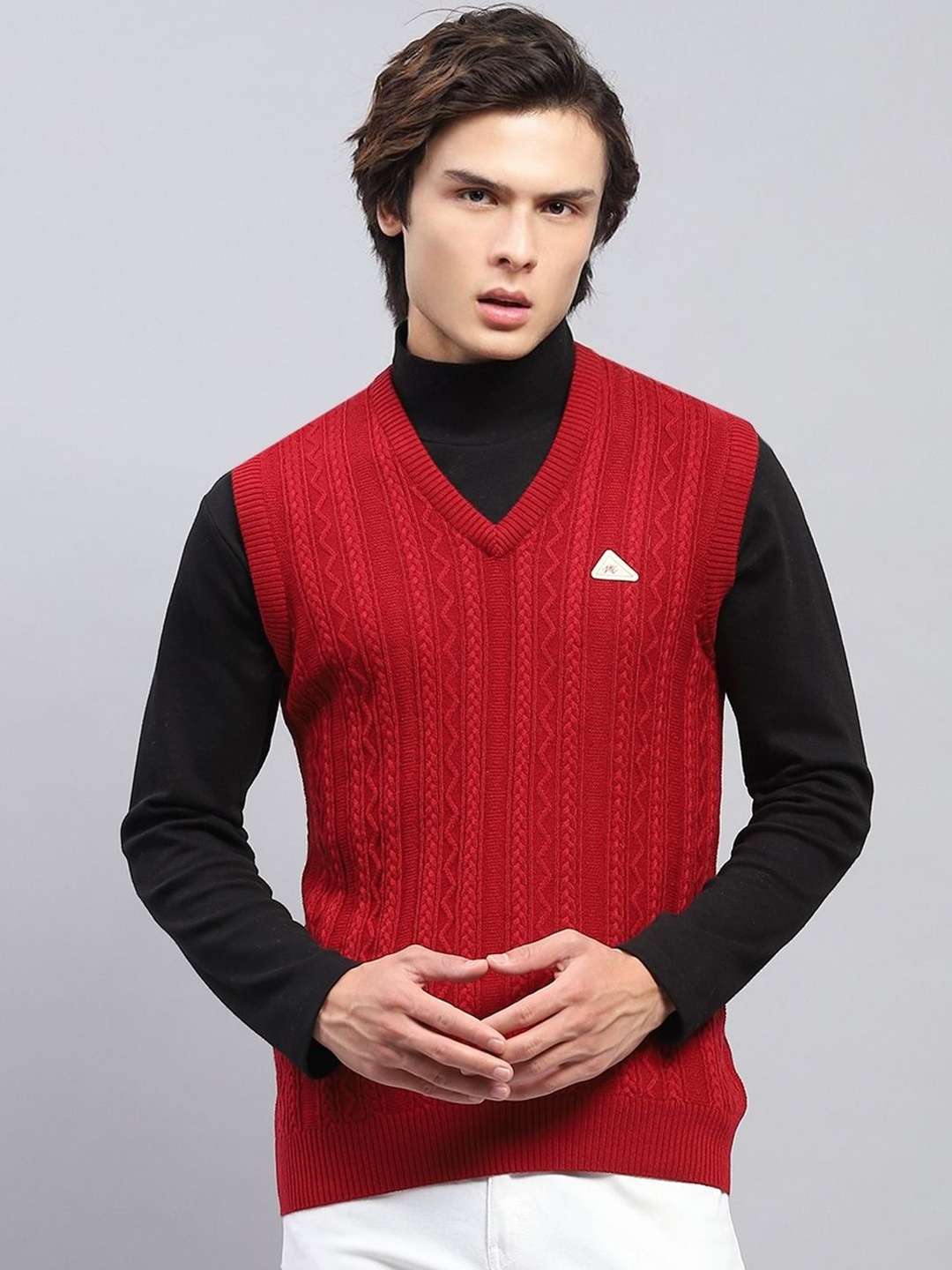 

Monte Carlo Men Self Design V Neck Sleeveless Cable Knit Woollen Sweater Vest, Red