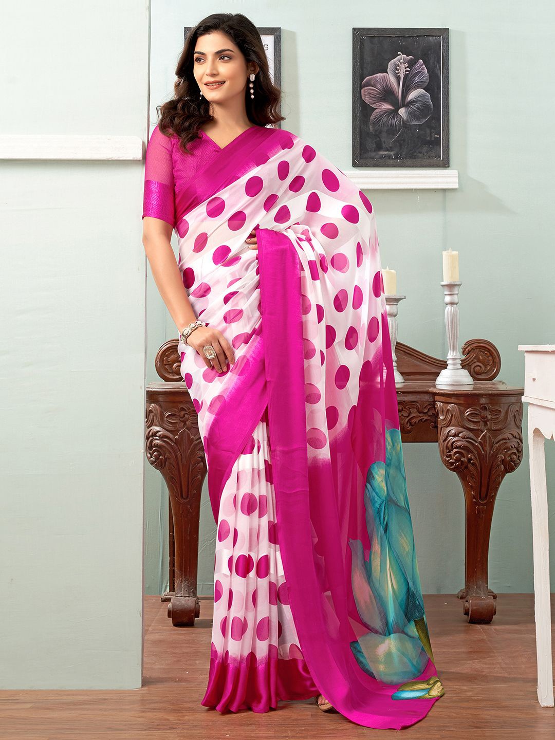 

KALINI Printed Polka Dot Pure Georgette Muga Saree, White
