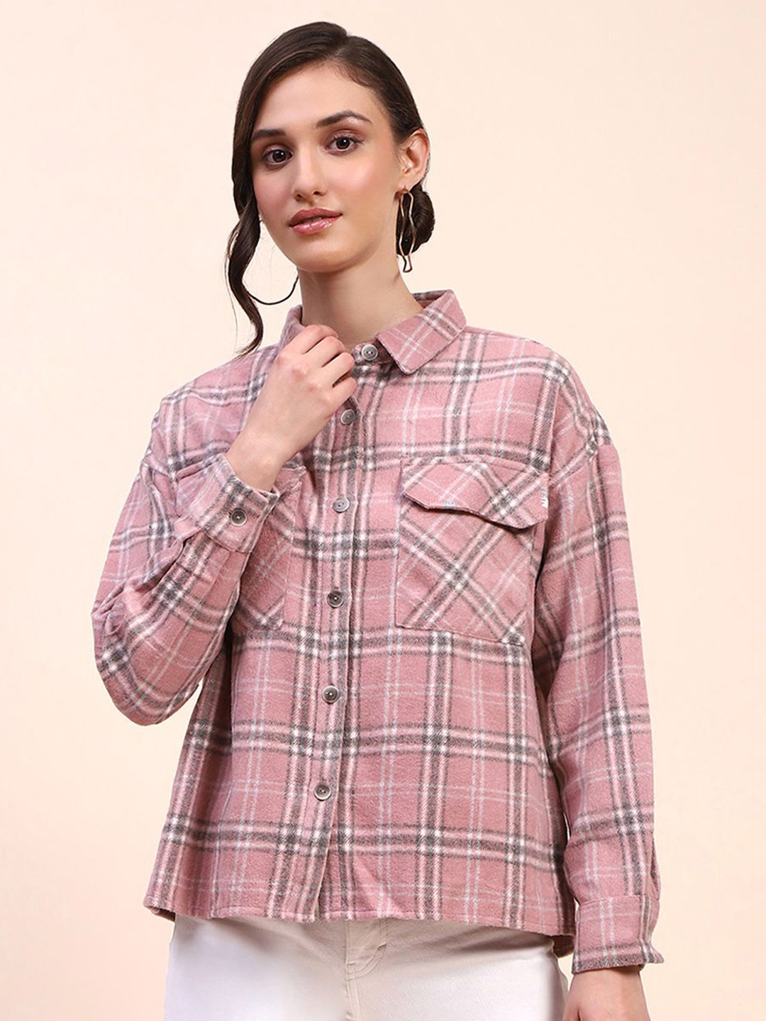 

CAMLA Women Spread Collar Tartan Checked Relaxed Fit Casual Shirt, Pink