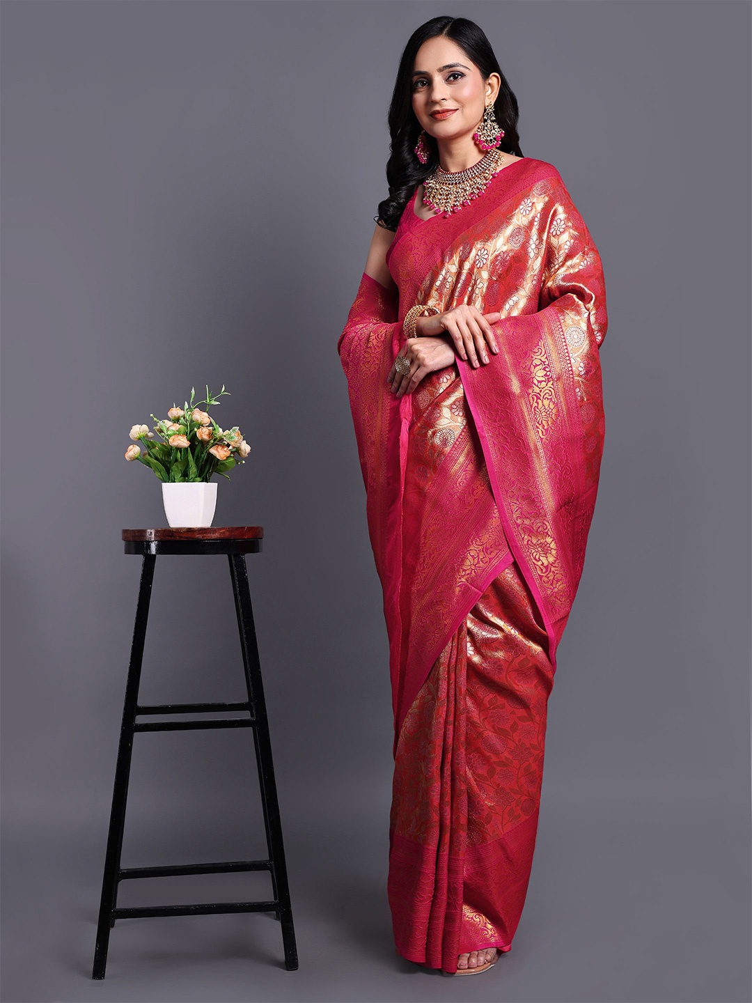 

SWAMI STUDIO Woven Design Zari Pure Cotton Kanjeevaram Saree, Pink