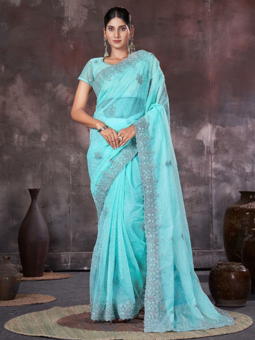 

Kalista Floral Sequinned Pure Georgette Designer Saree, Turquoise blue