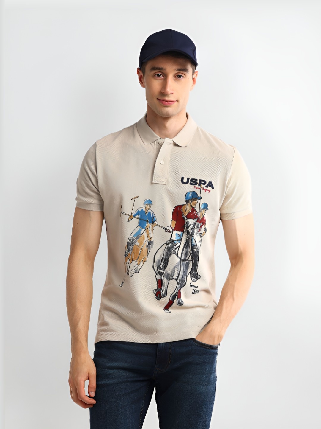 

U.S. Polo Assn. Denim Co. Men Graphic Printed Polo Collar Cotton Slim Fit T-shirt, Beige