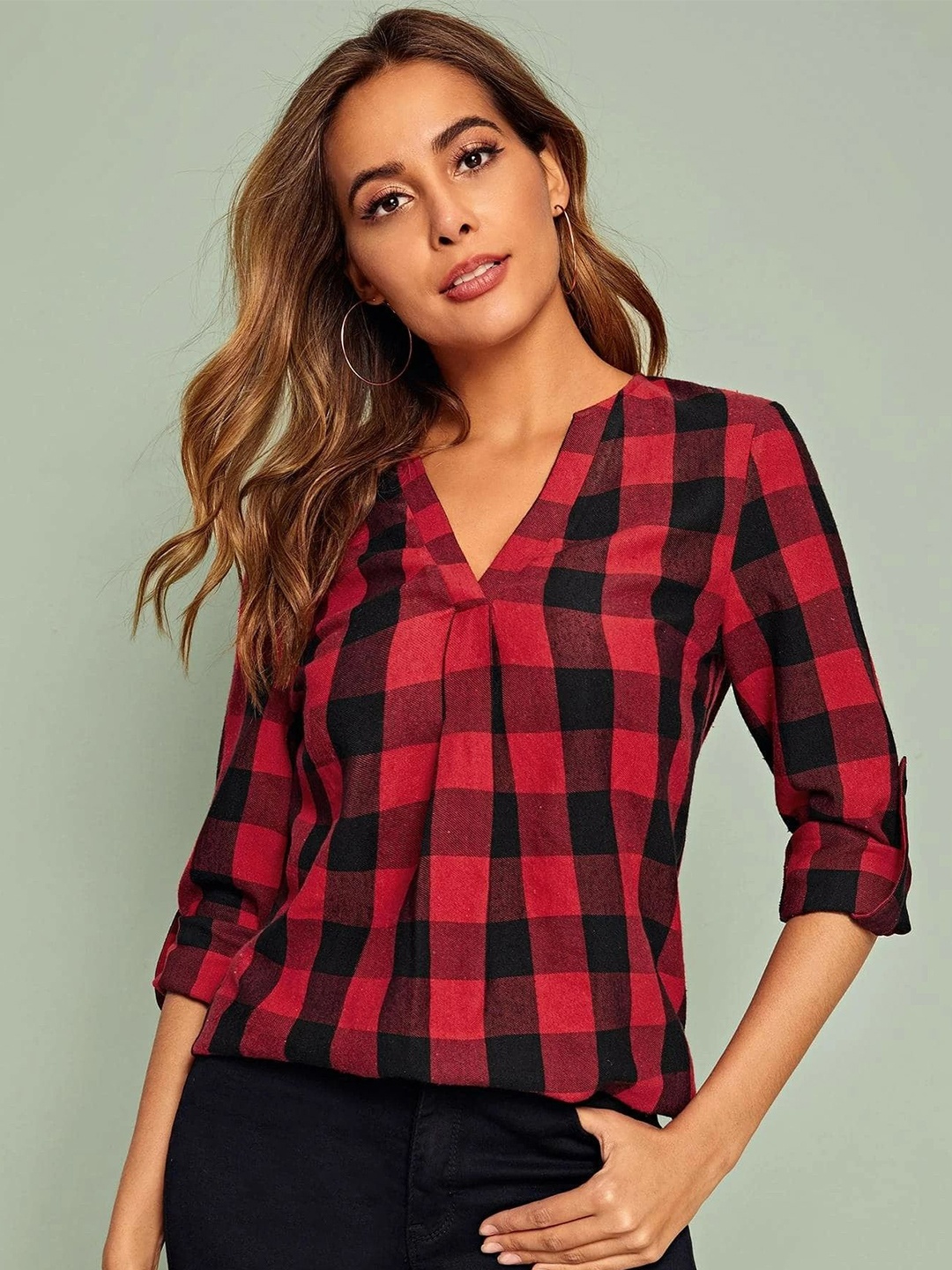 

Stylecast X Slyck Checked V-Neck Top, Red