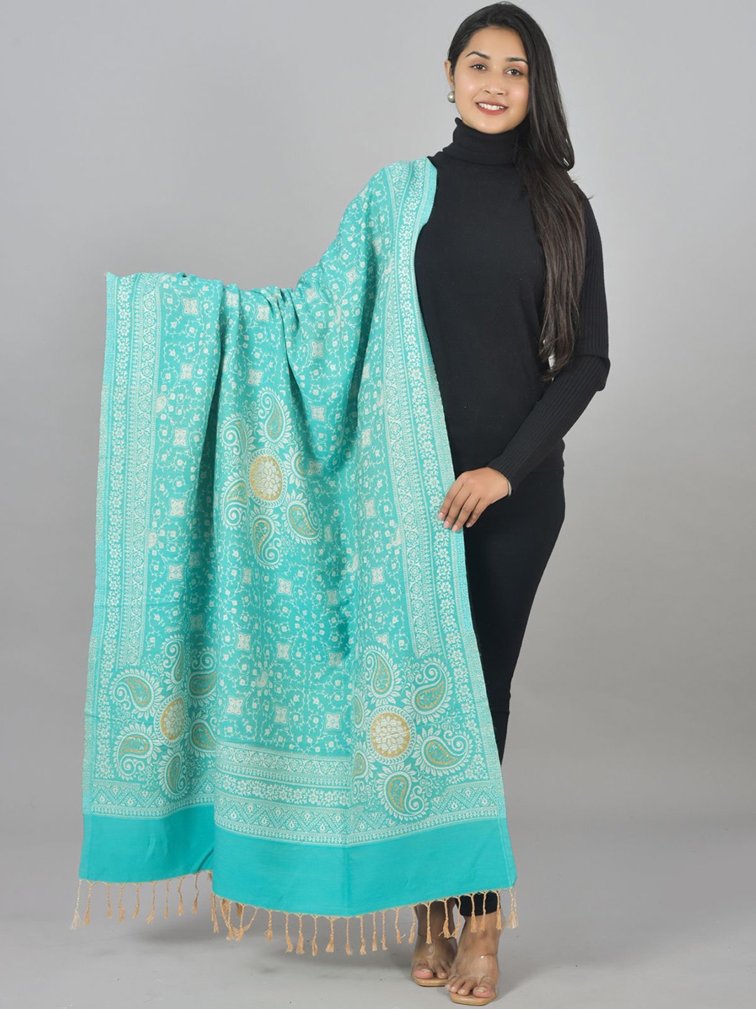 

BAISA Paisley Woven Design Zari Woolen Shawl, Turquoise blue