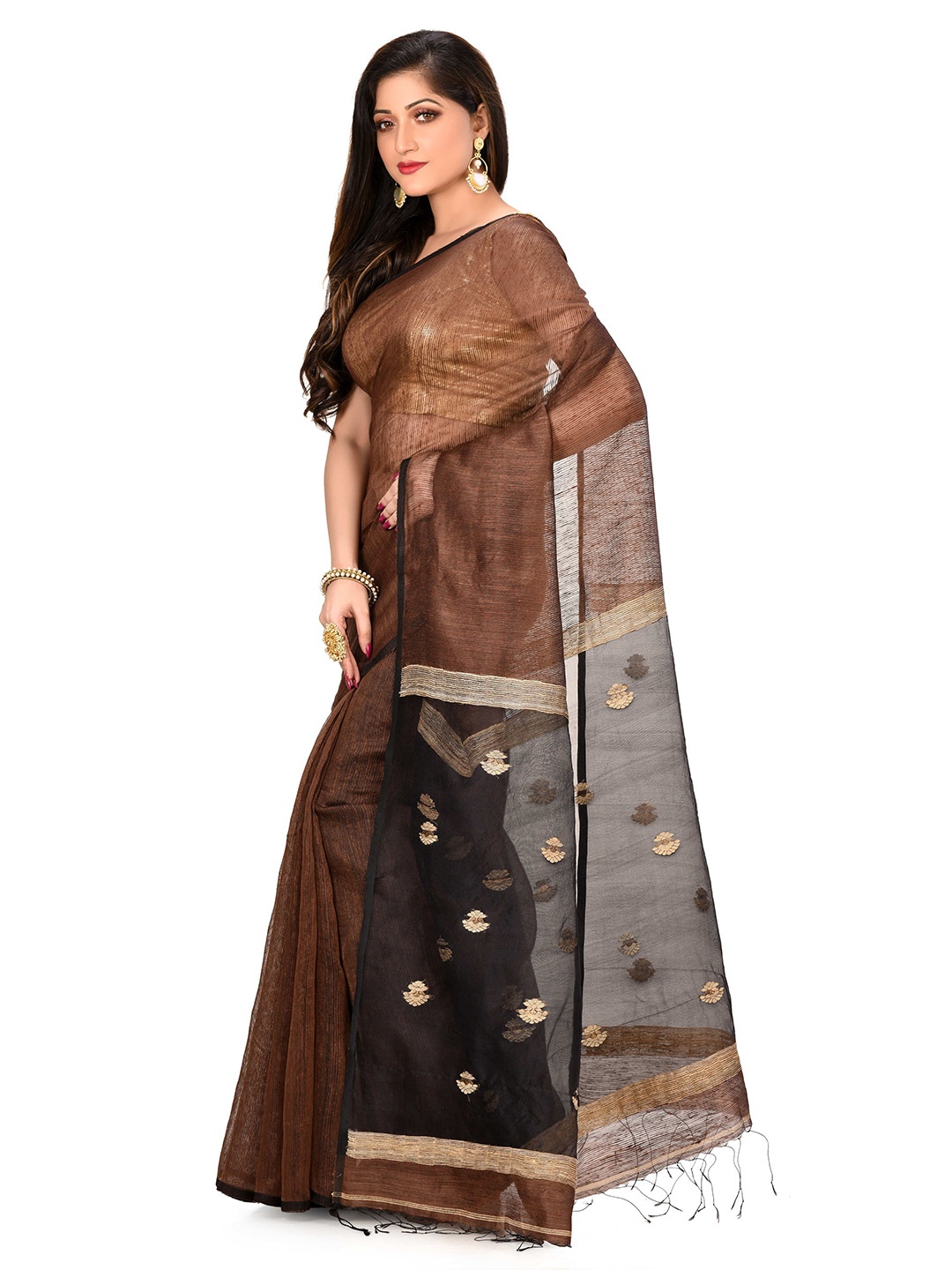 

SPRISH Ethnic Motifs Pure Silk Traditional Jamdani Saree, Brown