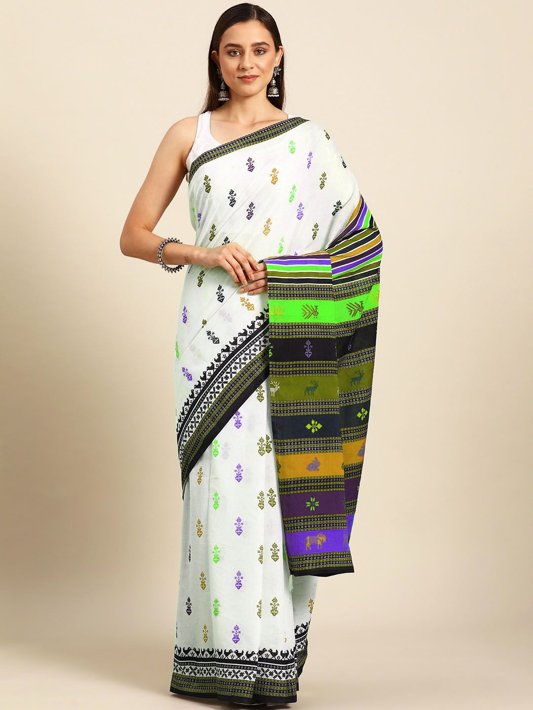 

BUTA BUTI Floral Printed Pure Cotton Saree, White