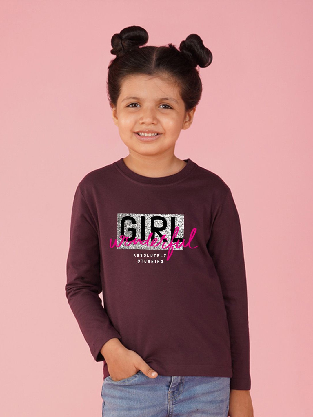 

NUSYL Girls Graphic Printed Round Neck Cotton T-shirt, Maroon