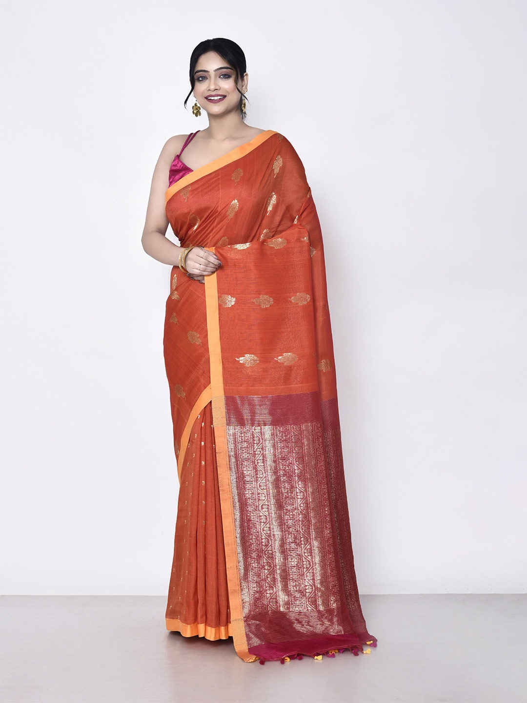 

SPRISH Ethnic Motifs Woven Design Zari Pure Silk Chanderi Saree, Orange