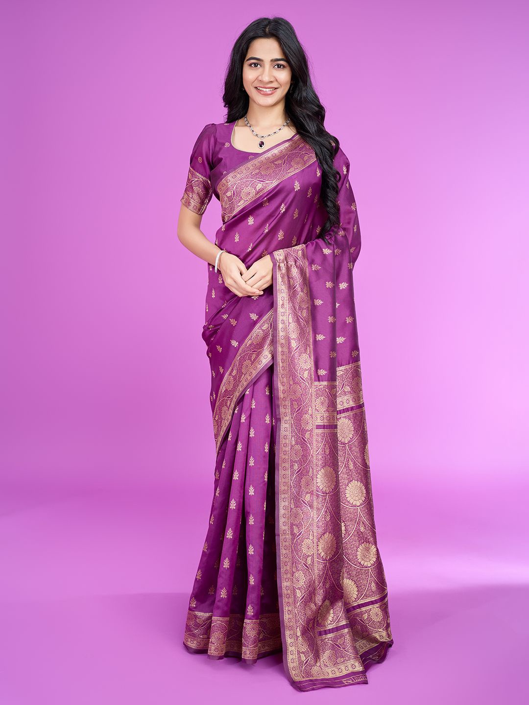 

RICH & ROMAN Woven Design Zari Pure Silk Banarasi Saree, Purple