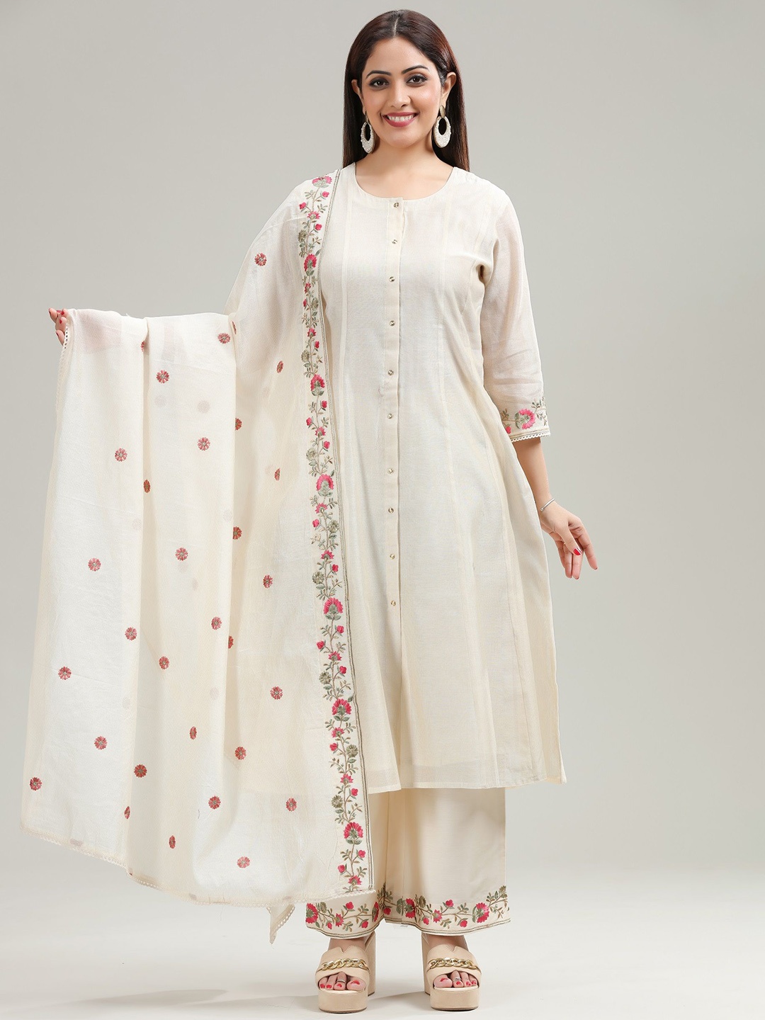 

COTTON CULTURE Chanderi Silk A-Line Kurta With Palazzos & Dupatta, Off white