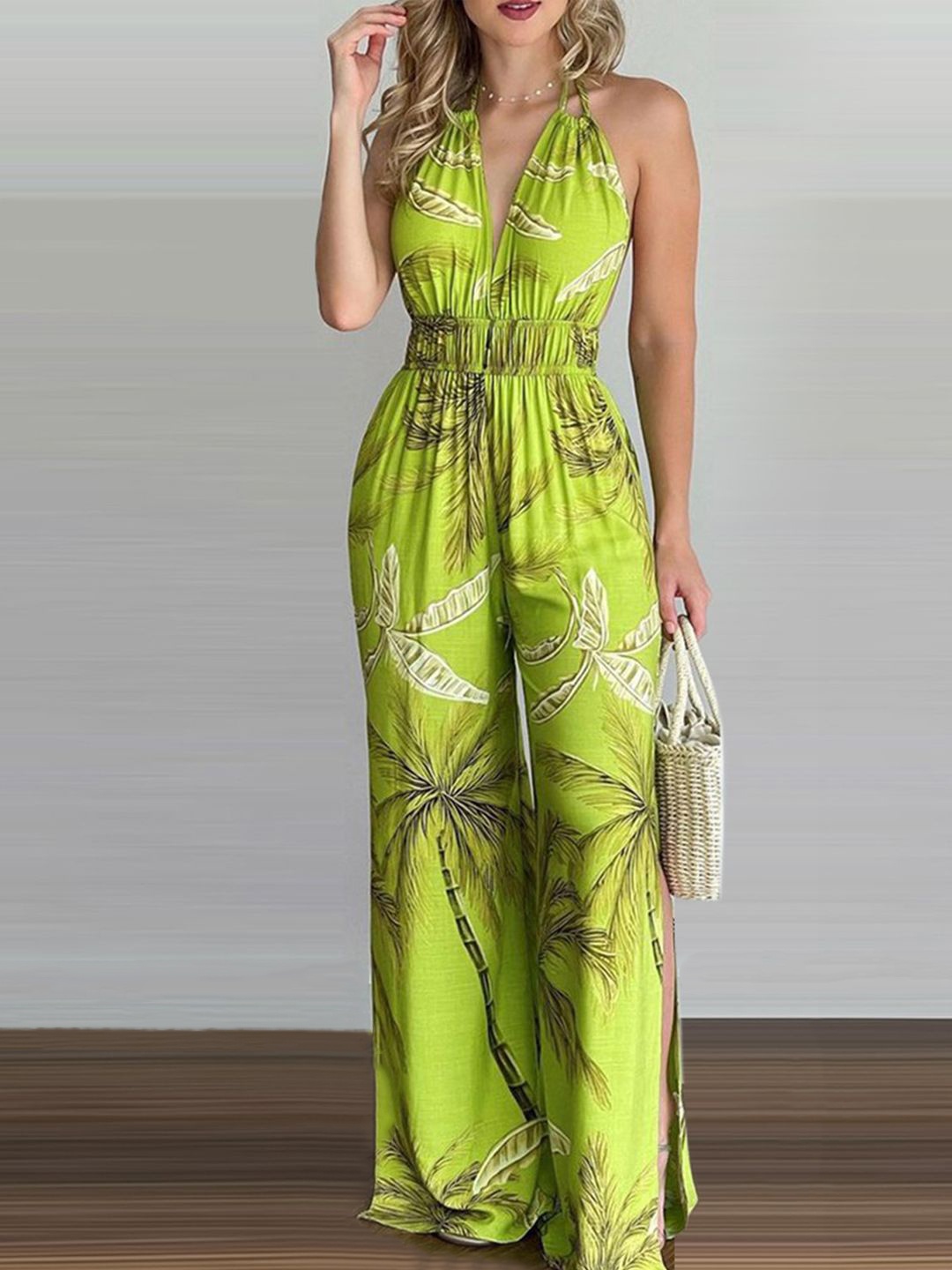

StyleCast Halter Neck Printed Basic Jumpsuit, Green