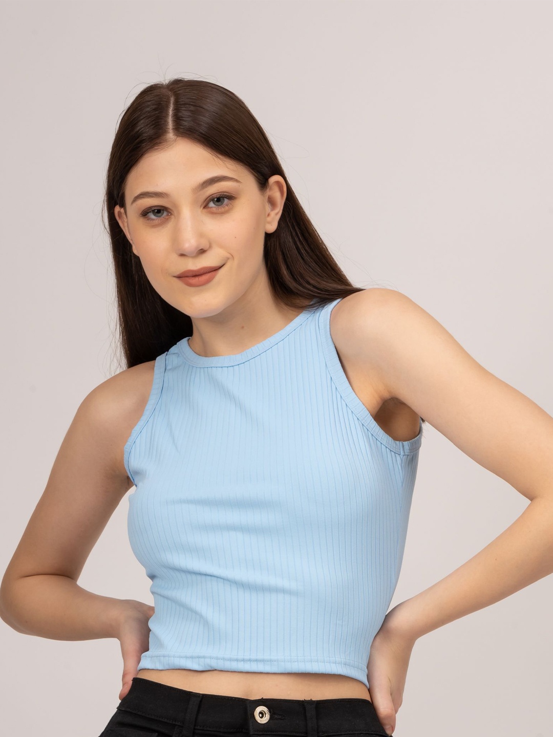 

Redamancii Women Vertical Striped Round Neck Polycotton Top, Blue