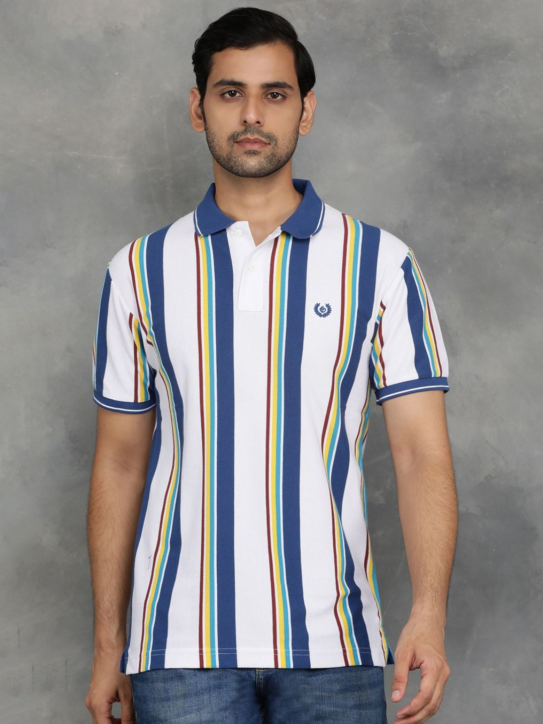 

Greenfibre Men Striped Polo Collar Cotton Slim Fit T-shirt, White