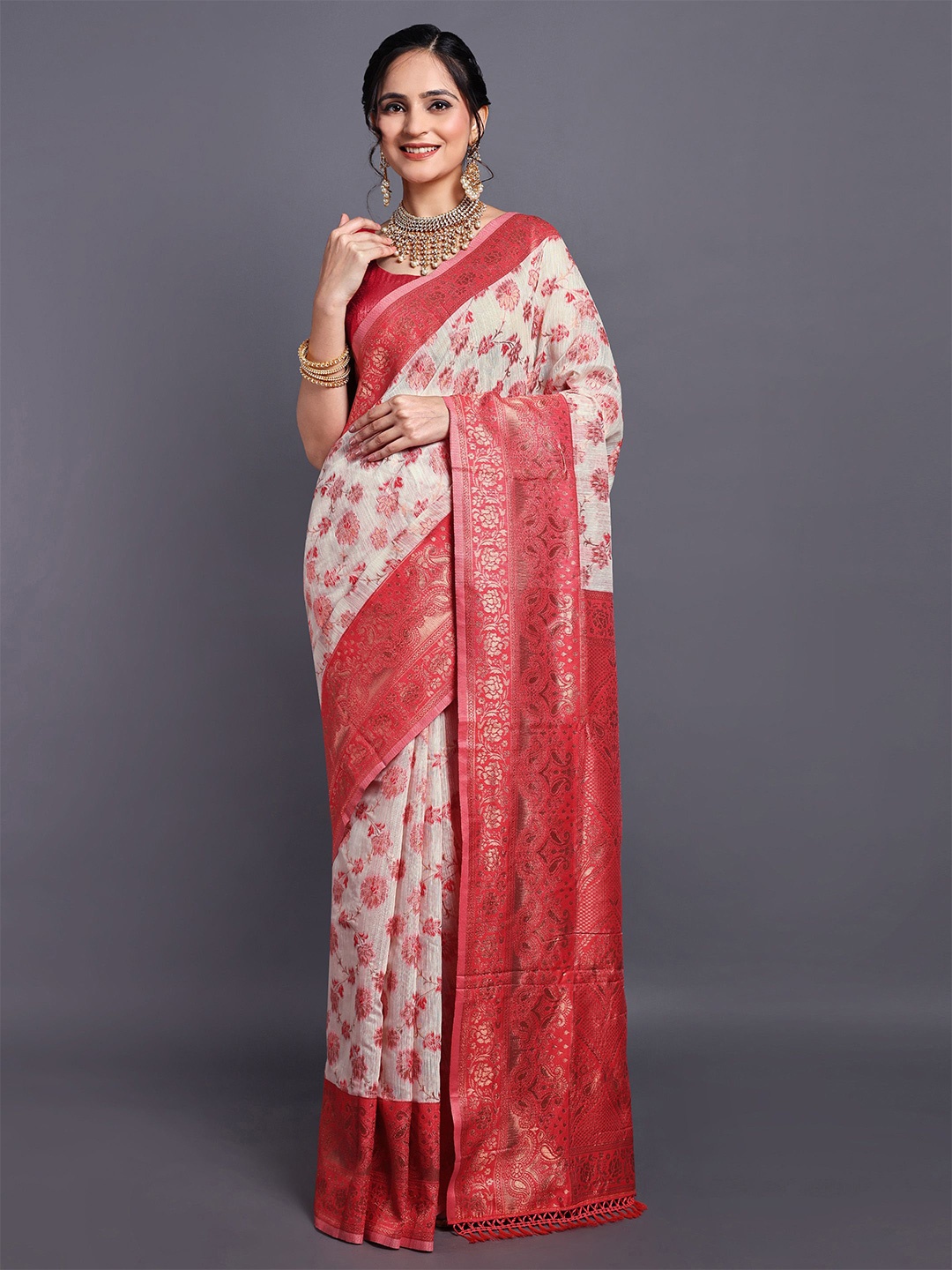 

SWAMI STUDIO Floral Zari Pure Cotton Kanjeevaram Saree, Cream