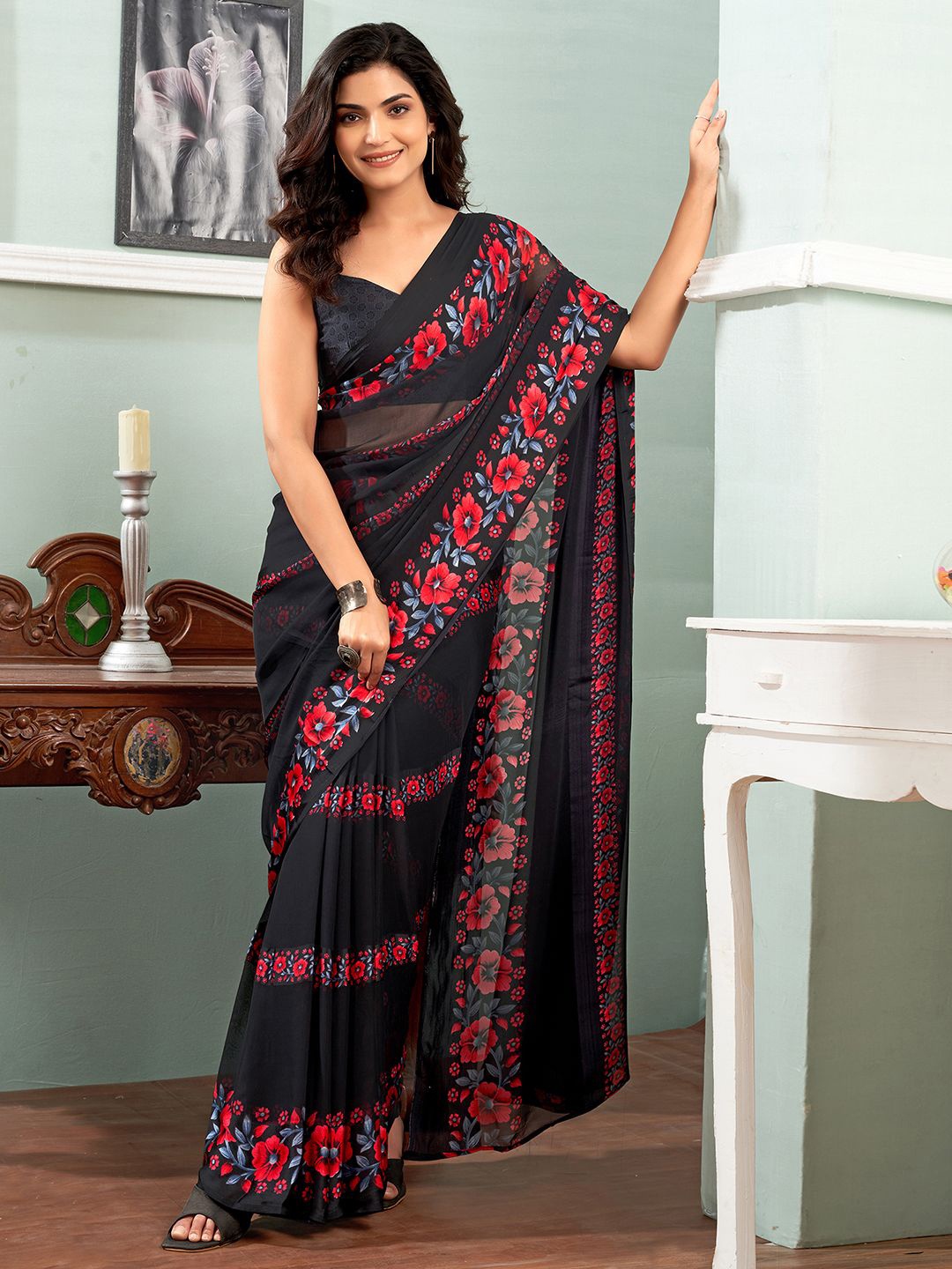 

KALINI Floral Printed Pure Georgette Muga Saree with Blouse piece, Black