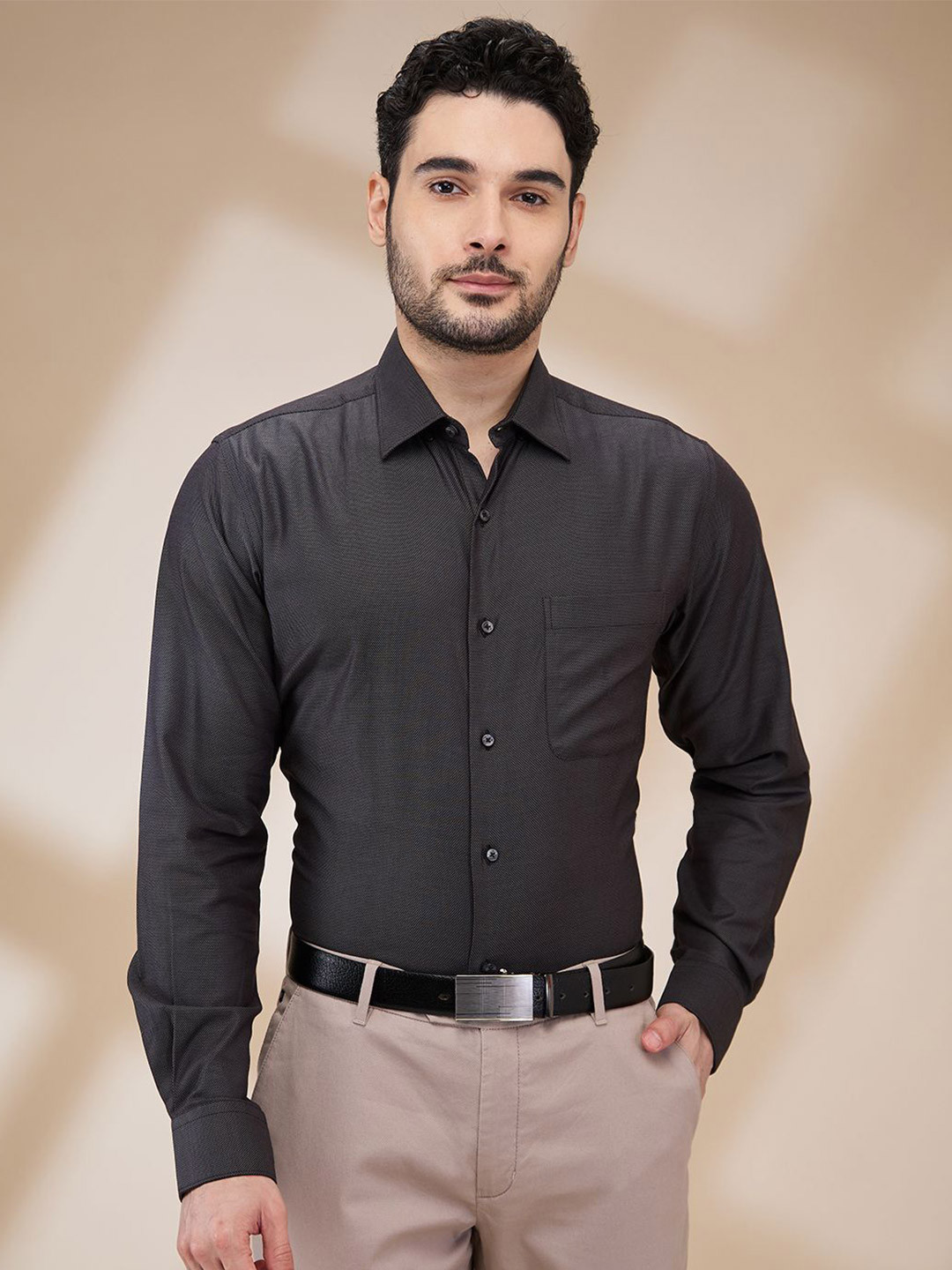 

Raymond Men Spread Collar Solid Cotton Slim Fit Formal Shirt, Black