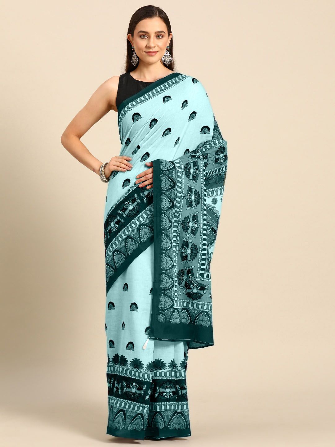 

BUTA BUTI Ethnic Motifs Printed Pure Cotton Saree, Sea green