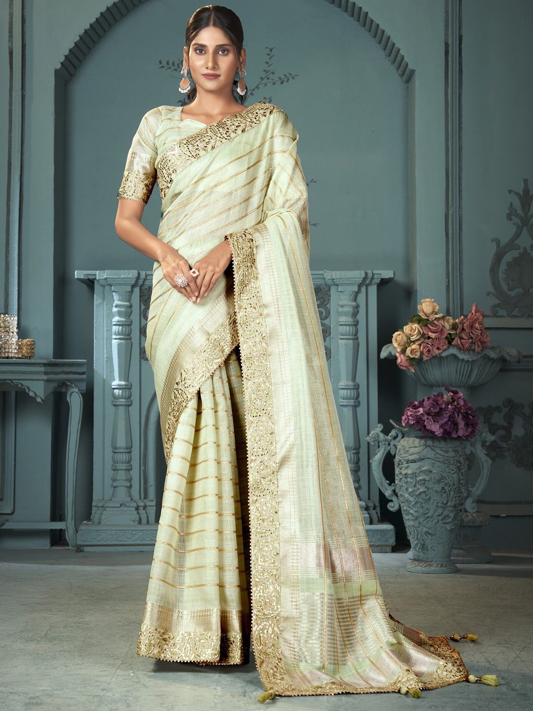

Panzora Striped Embroidered Saree, Green