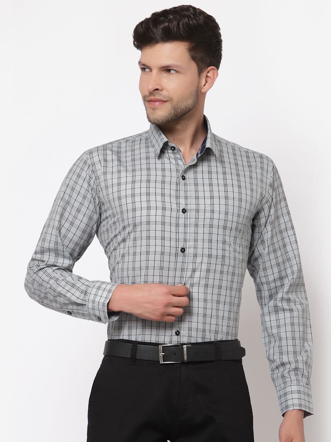 

ASCIIBLUES Men Spread Collar Tartan Checked Cotton Formal Shirt, Grey