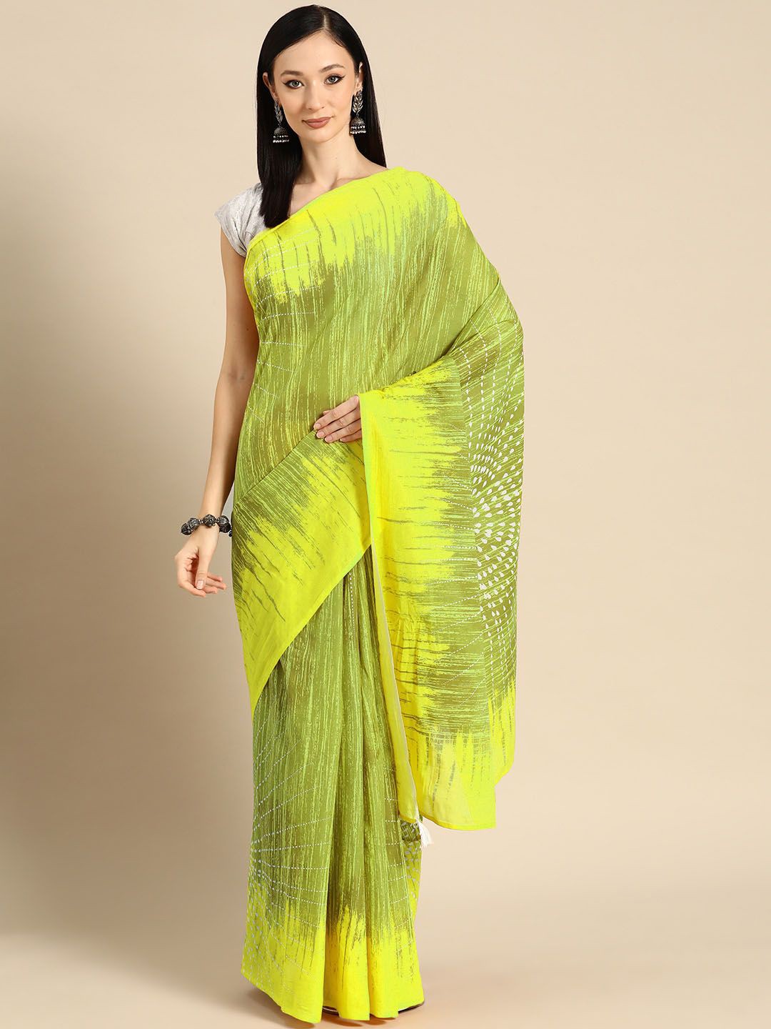 

BUTA BUTI Printed Pure Cotton Saree, Lime green