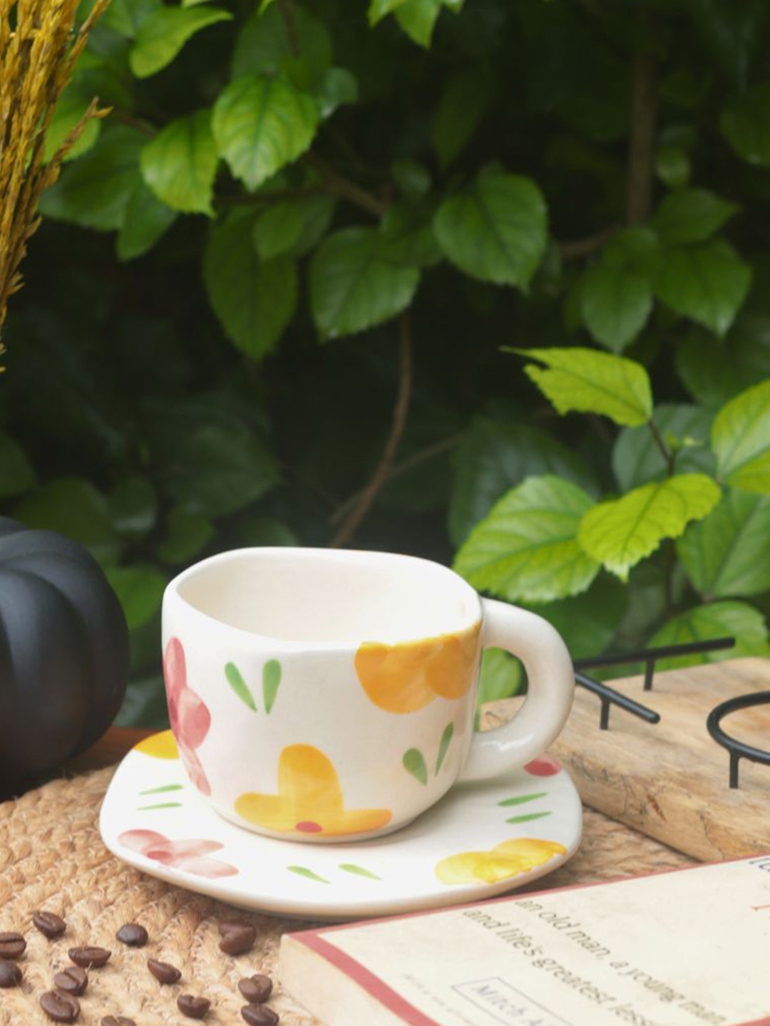 

WEAVING HOMES White & Yellow 2 Pieces Printed Ceramic Glossy Cup & Saucer 230ml