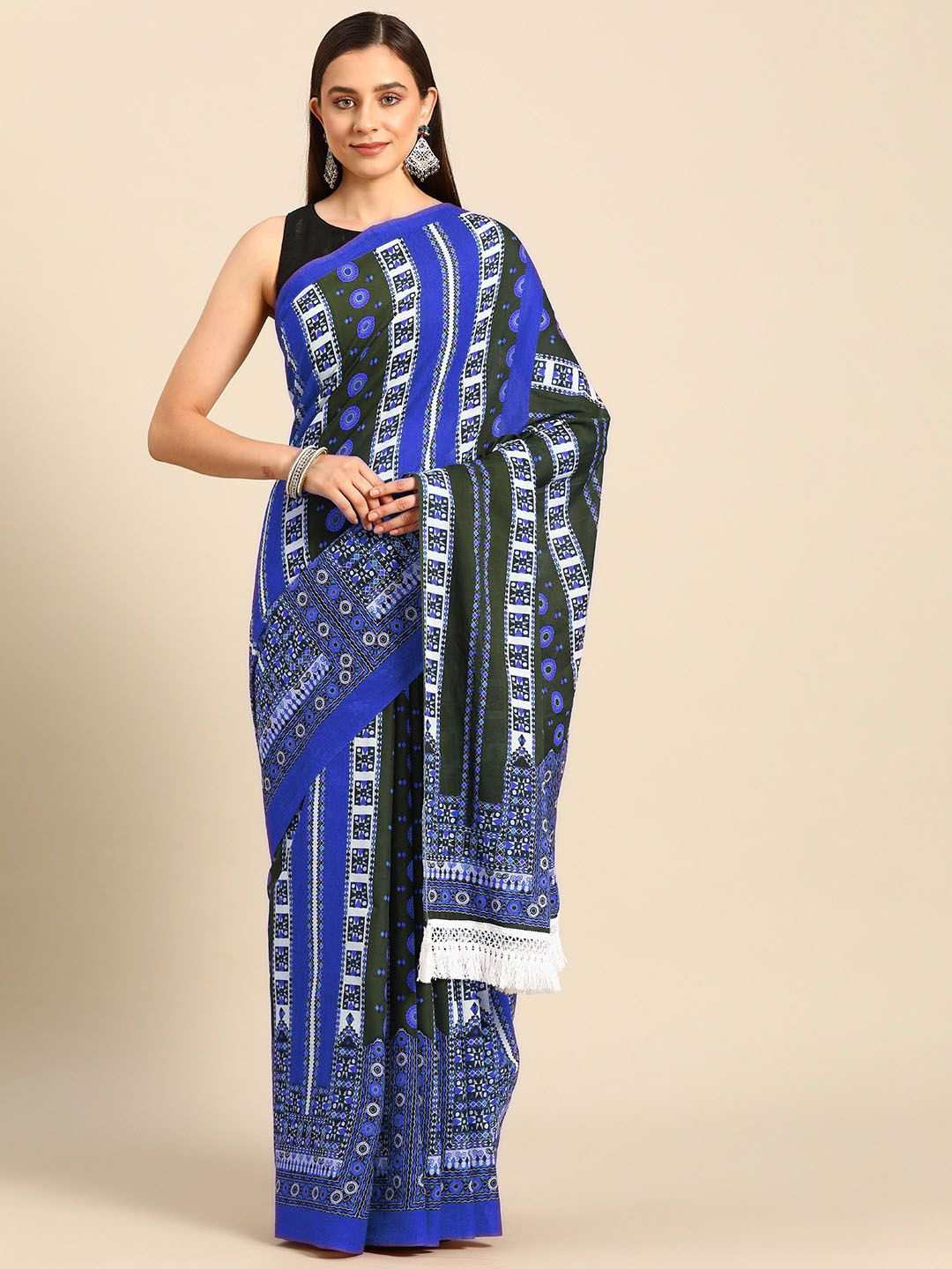 

BUTA BUTI Ethnic Motifs Printed Pure Cotton Sarees, Blue