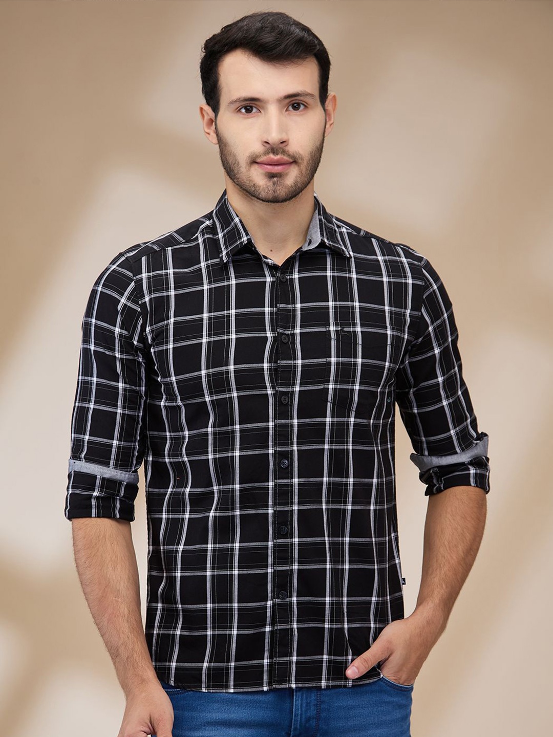

Parx Men Spread Collar Windowpane Checked Cotton Slim Fit Casual Shirt, Black