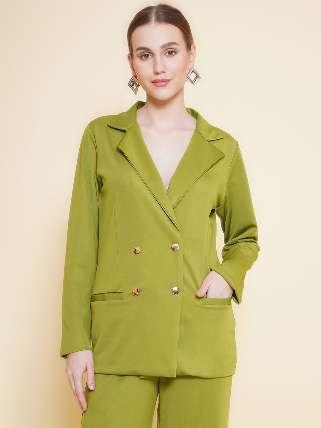 

KATLINE Double-Breasted Notched Lapel Casual Blazer, Green