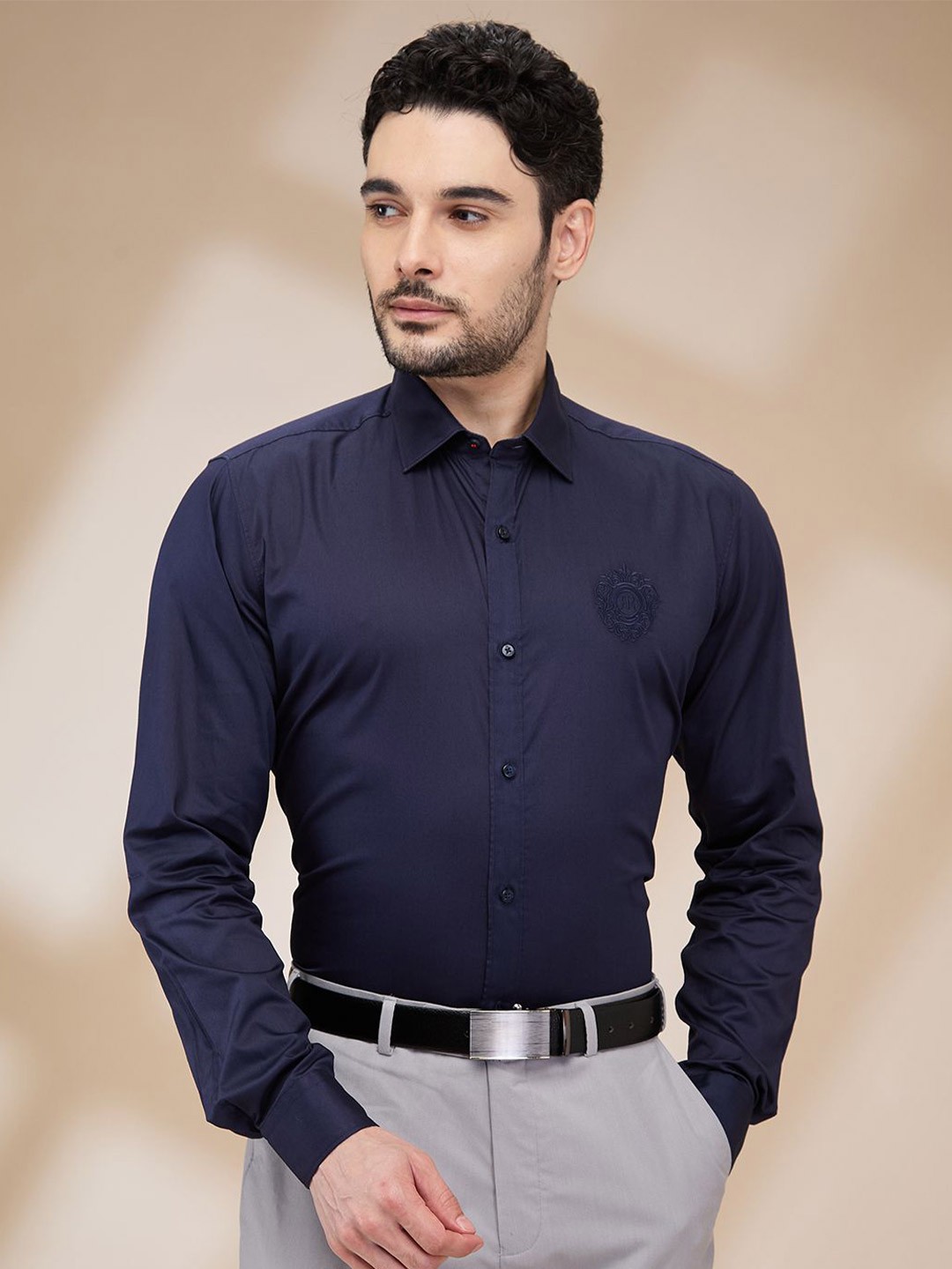 

Raymond Men Spread Collar Solid Cotton Slim Fit Casual Shirt, Blue