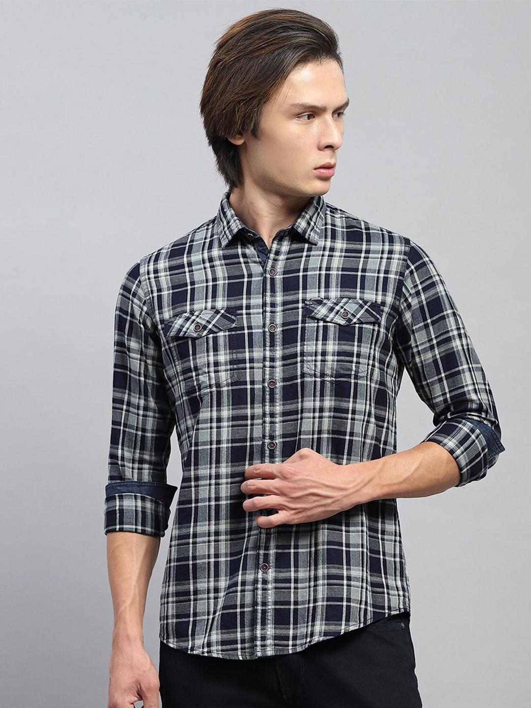 

Monte Carlo Men Tartan Checks Opaque Casual Shirt, Navy blue