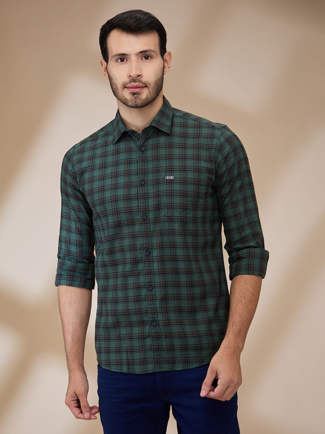 

Parx Men Spread Collar Tartan Checked Cotton Slim Fit Casual Shirt, Green