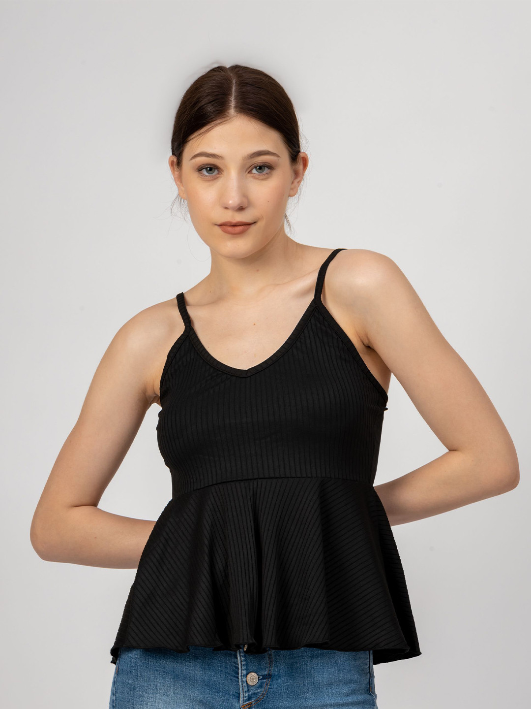 

Redamancii Women Vertical Striped Shoulder Straps Polycotton Top, Black