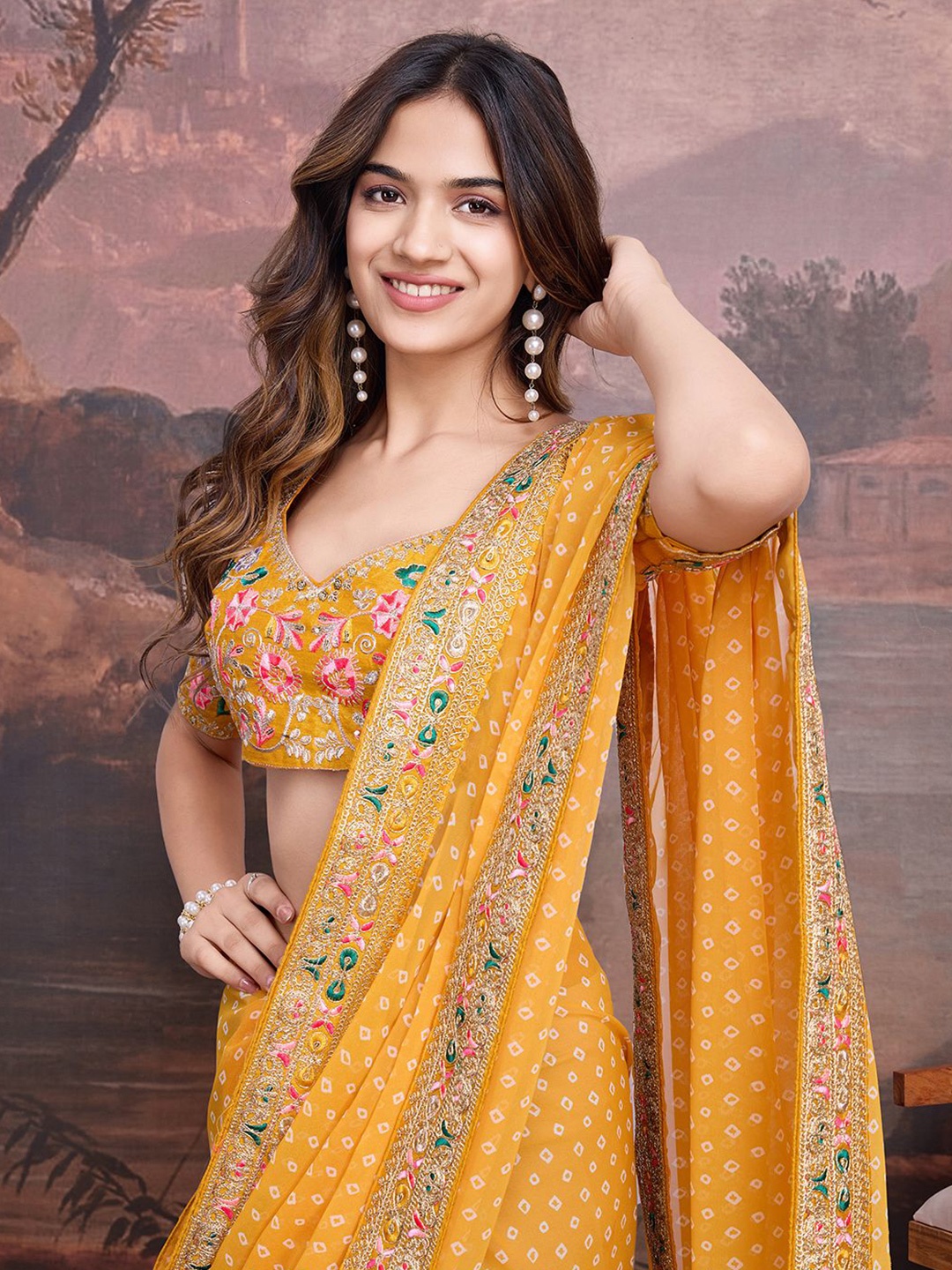 

House of Pataudi Bandhani Design Embroidered Saree With Blouse Piece, Yellow
