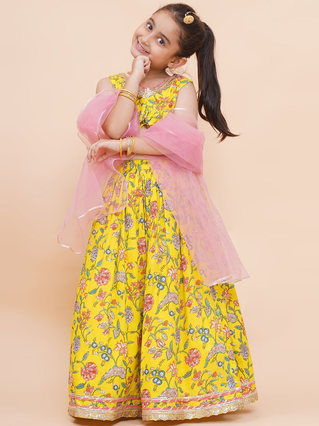 

Modish Couture Girls Embellished Pure Cotton Ready to Wear Lehenga & Blouse With Dupatta, Yellow