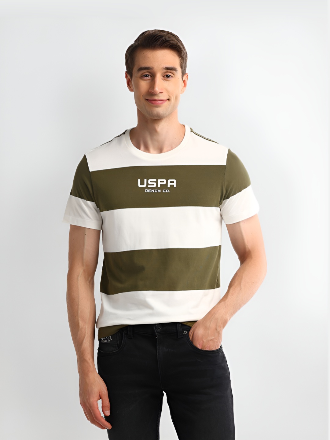 

U.S. Polo Assn. Denim Co. Men Striped Round Neck Cotton Slim Fit T-shirt, Green