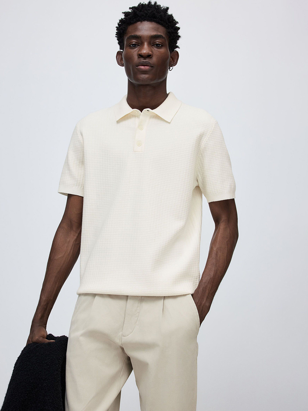 

H&M Textured Knit Polo T-Shirt, White