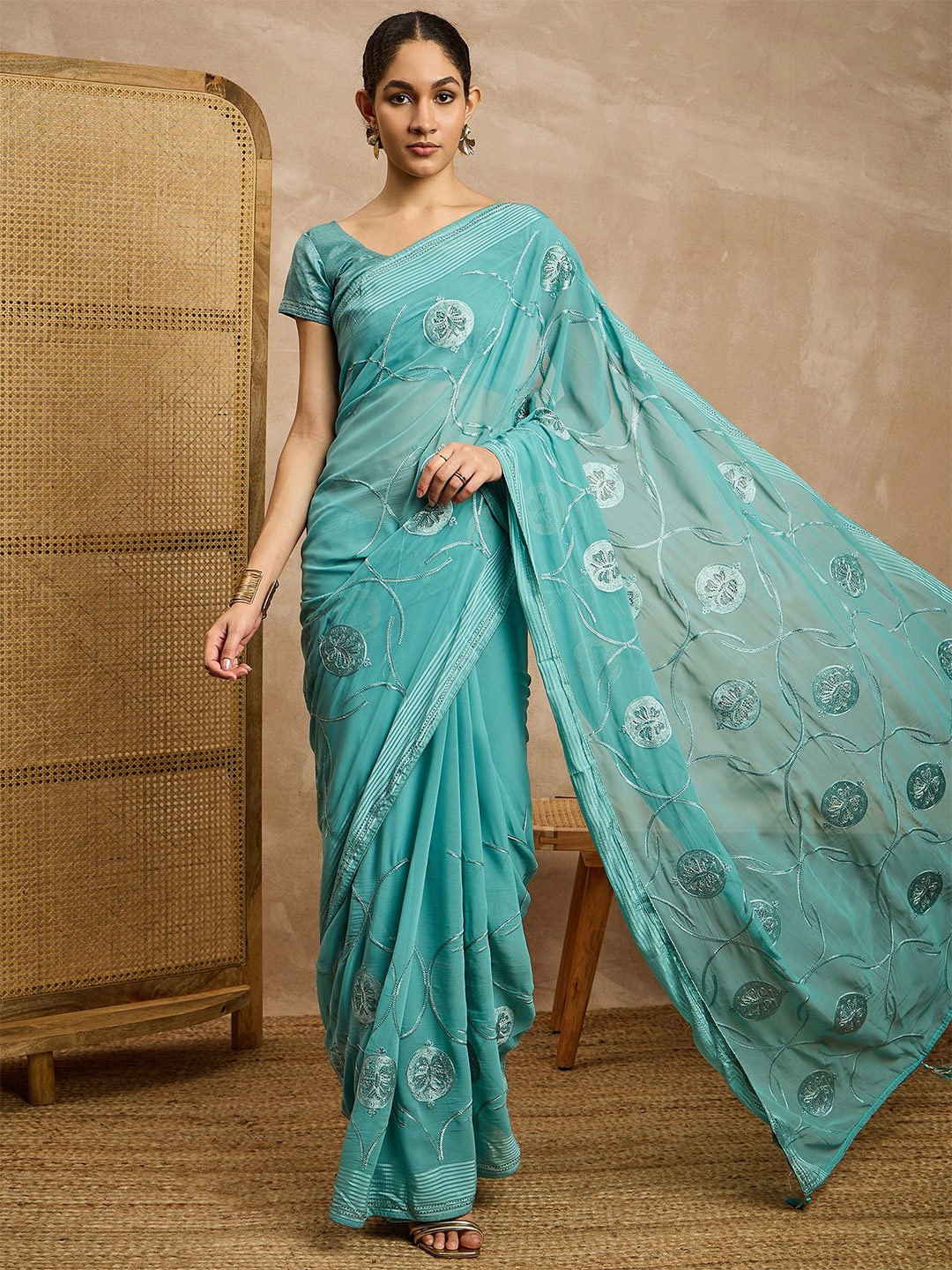 

All About you Embellished Beads and Stones Pure Georgette Saree, Sea green