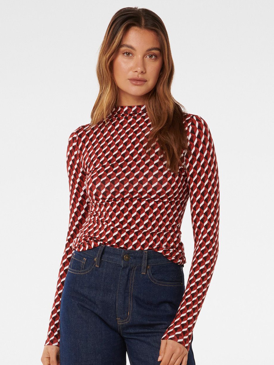 

Forever New Women Geometric Printed High Neck Top, Maroon