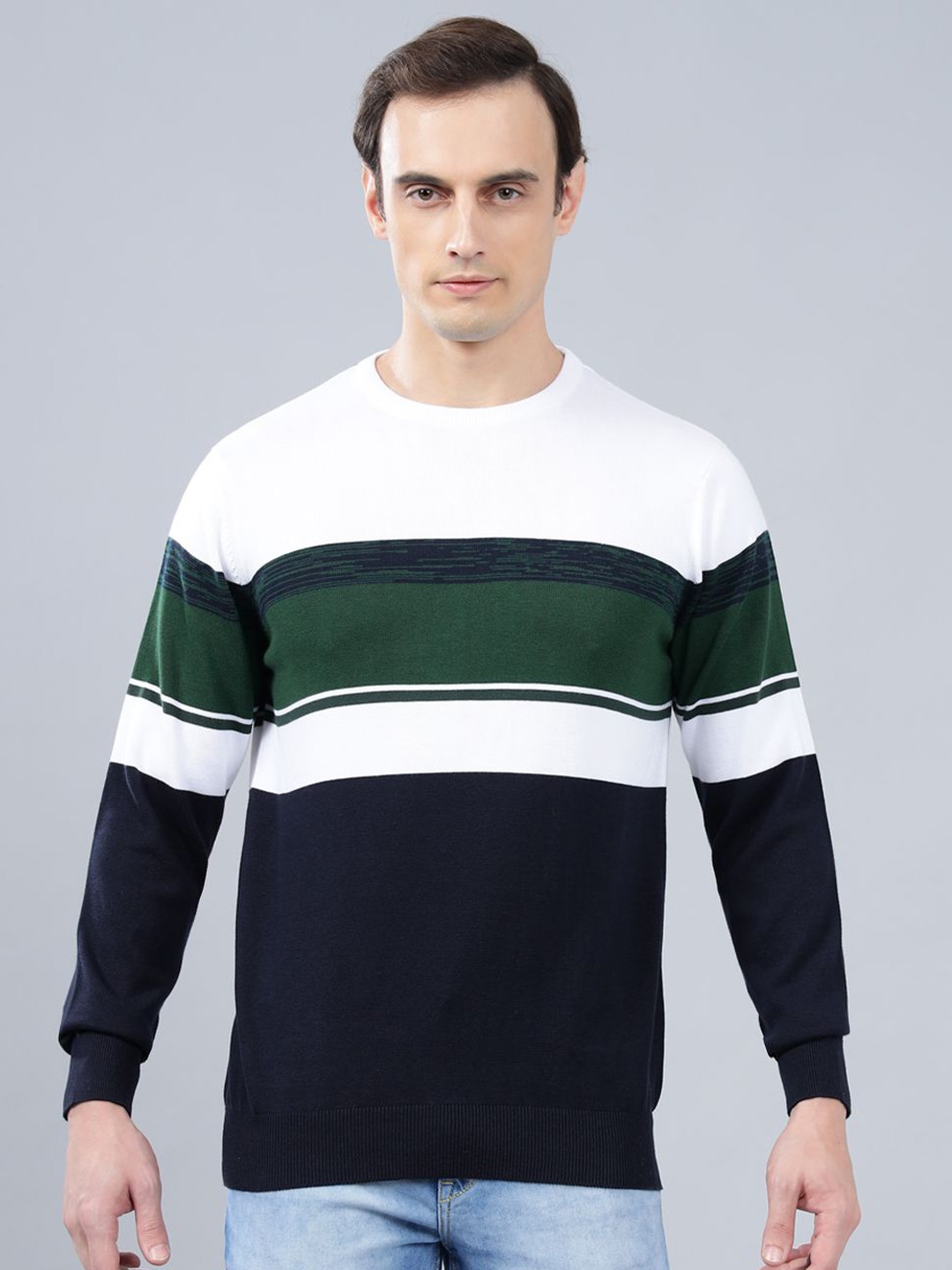 

Cantabil Men Cotton Colourblocked Pullover Sweater, Navy blue