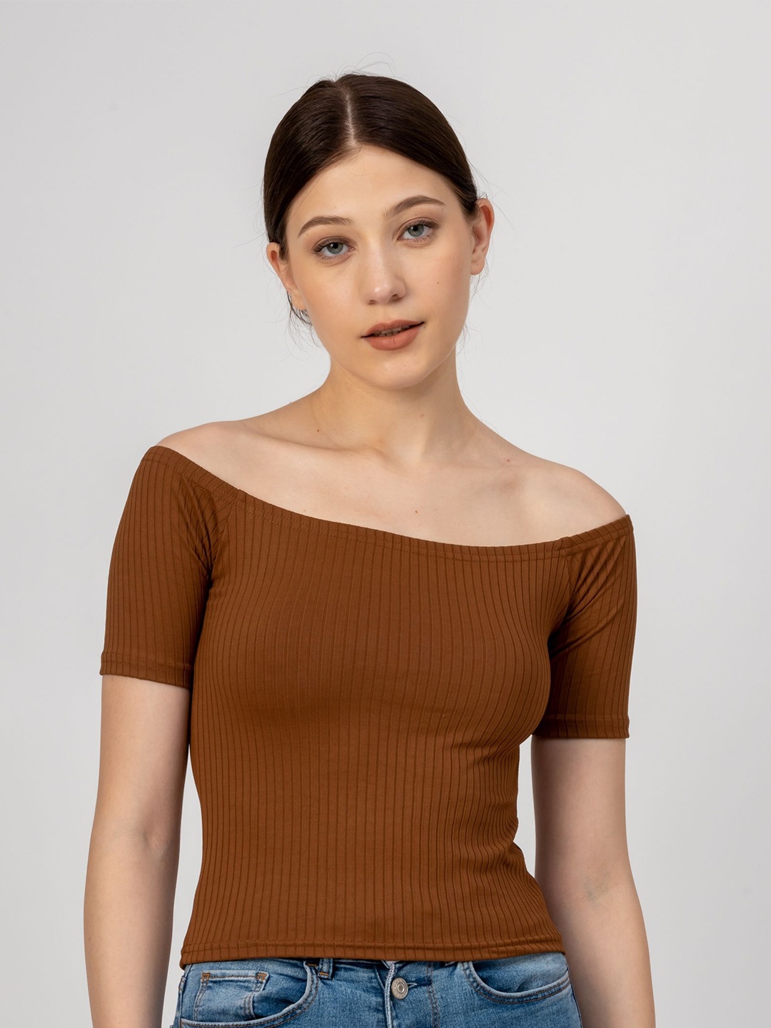 

Redamancii Women Vertical Striped Off-Shoulder Polycotton Top, Coffee brown