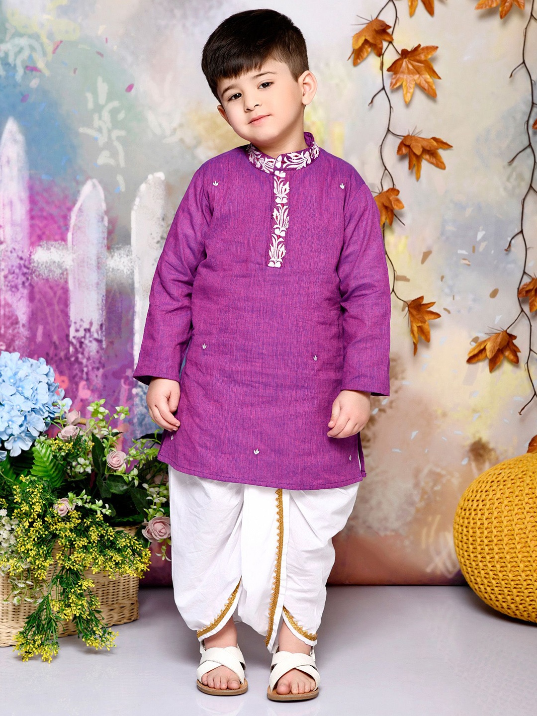 

MUDKID Boys Embroidery Kurta & Dhoti Pant Set, Purple