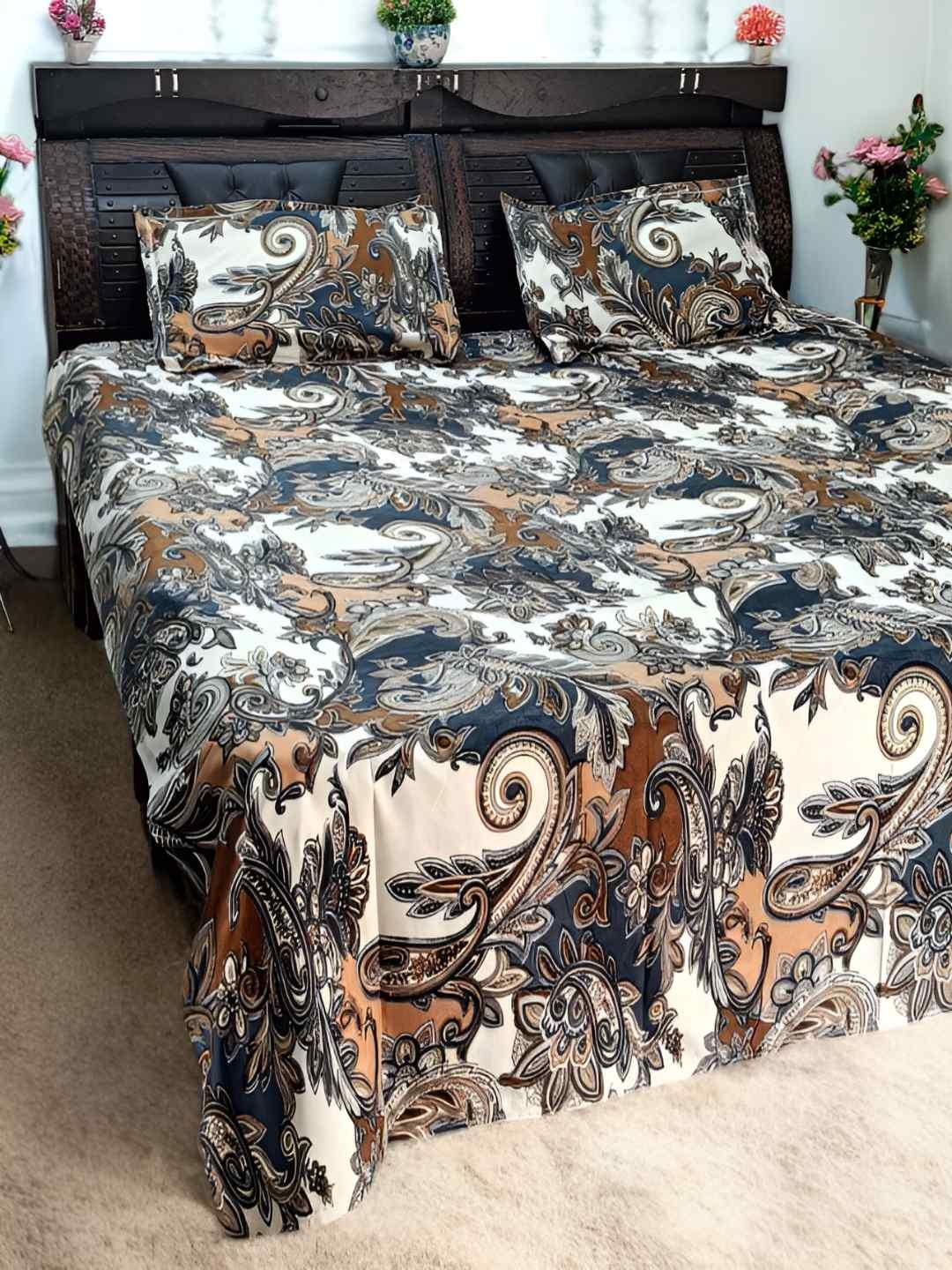 

V.R.ENTERPRISES Brown Ethnic Printed 210 TC Cotton Queen Bedsheet with 2 Pillow Covers